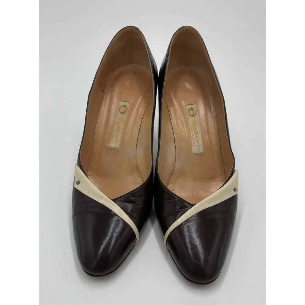 Gucci‎ Women's Vintage Leather Pump Heels Brown White Size 35 US 5